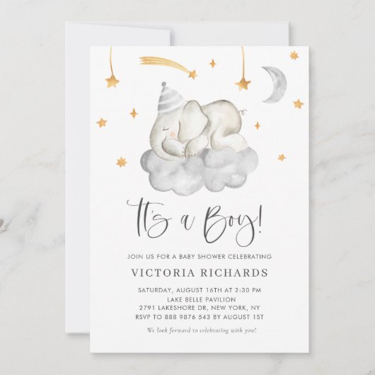 可愛い眠るゾウ男の子の灰色の赤ちゃんシャワー 招待状 (正面)