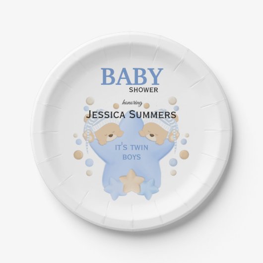 可愛い眠るテディベアツイン男の赤ちゃんシャワーパ ペーパープレート (正面)