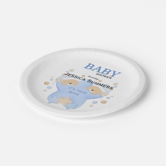 可愛い眠るテディベアツイン男の赤ちゃんシャワーパ ペーパープレート (アングル)