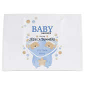 可愛い眠るテディベアツイン男の赤ちゃんシャワーラ ラージペーパーバッグ (正面)