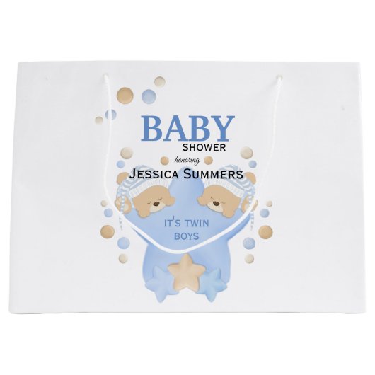 可愛い眠るテディベアツイン男の赤ちゃんシャワーラ ラージペーパーバッグ (正面)