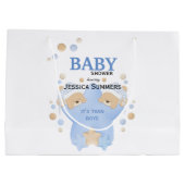 可愛い眠るテディベアツイン男の赤ちゃんシャワーラ ラージペーパーバッグ (裏面)