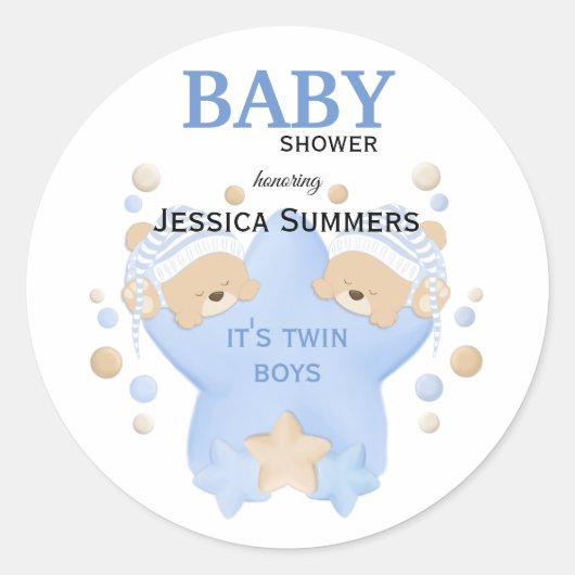 可愛い眠るテディベアツイン男の赤ちゃんシャワーCl ラウンドシール (正面)