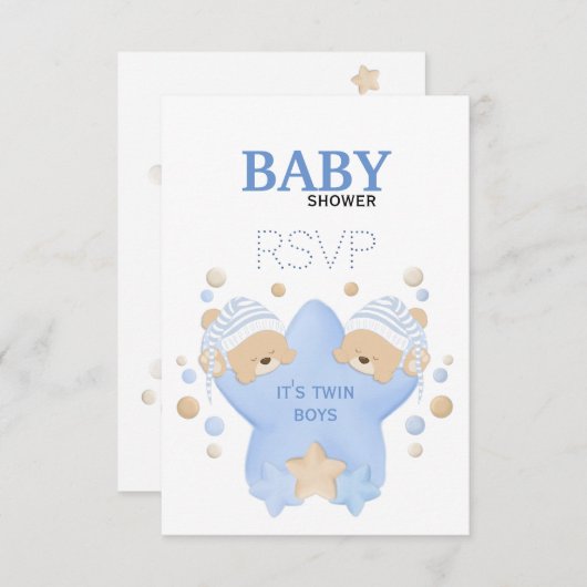 可愛い眠るテディベアツイン男の赤ちゃんシャワーRS 出欠カード (正面/裏面)