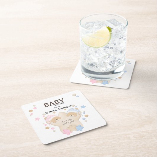 可愛い眠るテディベアーツインベビーシャワースクエア スクエアペーパーコースター (インサイチュ)