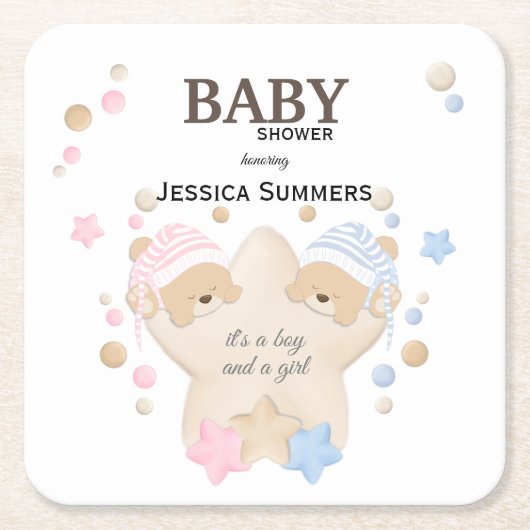 可愛い眠るテディベアーツインベビーシャワースクエア スクエアペーパーコースター (正面)
