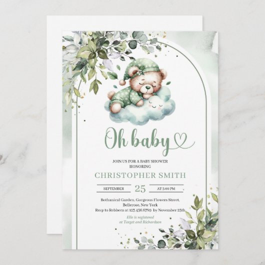 可愛い眠るテディベア男女兼用ボホアーチ 招待状 (正面/裏面)