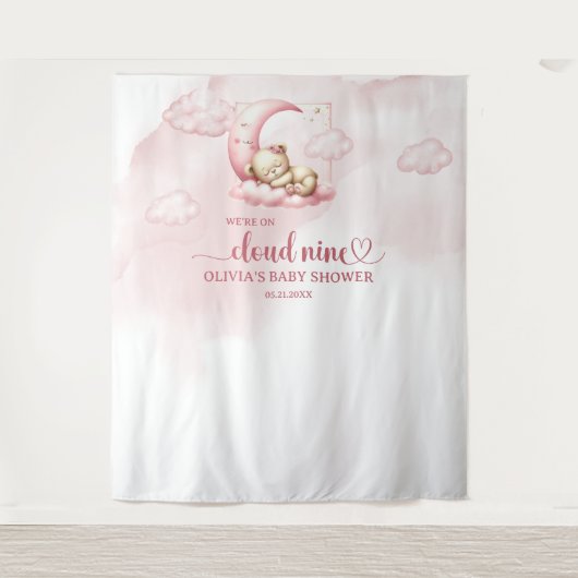 可愛い眠るテディベア雲9ピンクの女の子 タペストリー (正面)