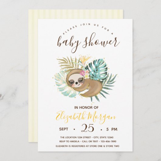 可愛い眠るナマケモノ,ストライプベビーシャワー 招待状 (正面/裏面)