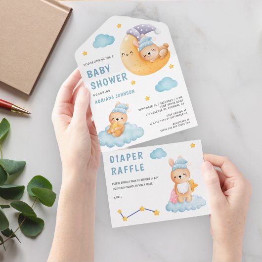 可愛い眠るバニー三日月の赤ちゃんシャワー オールインワン招待状