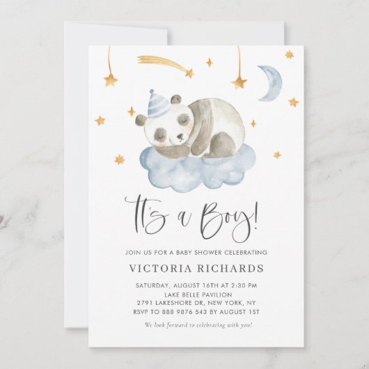 可愛い眠るパンダのブルー男の子の赤ちゃんシャワー 招待状 (正面)