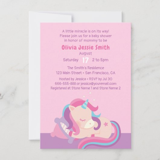可愛い眠るベビーユニコーンベビーシャワー 招待状 (正面)