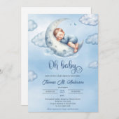 可愛い眠る男の赤ちゃん月の上オベビー 招待状 (正面/裏面)