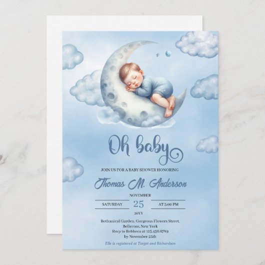 可愛い眠る男の赤ちゃん月の上オベビー 招待状 (正面/裏面)