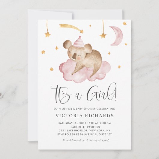 可愛い眠れるコアラピンク女の子の赤ちゃんシャワー 招待状 (正面)