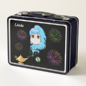 可愛い神秘的なジェニー、魔法ランプ&ブラックの花火 メタルランチボックス (裏面)