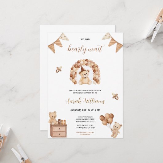 可愛い私たちは真っ白に待つブラウンベアのベビーシャワー 招待状 (正面/裏面インサイチュ)