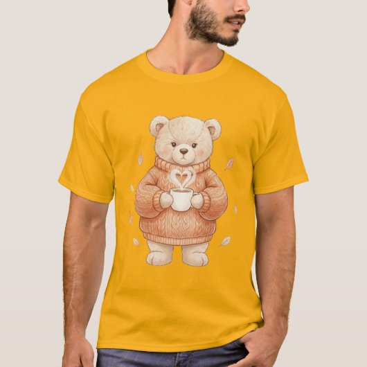 可愛い秋のクマ コーヒー | かわいい秋の雰囲気クマ Tシャツ (正面)