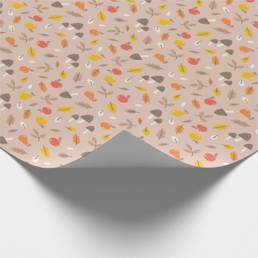可愛い秋のフルーツ、葉キノコやは薄茶色 ラッピングペーパー (角)