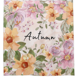 可愛い秋のフローラエレガントピンク背景文字 シャワーカーテン