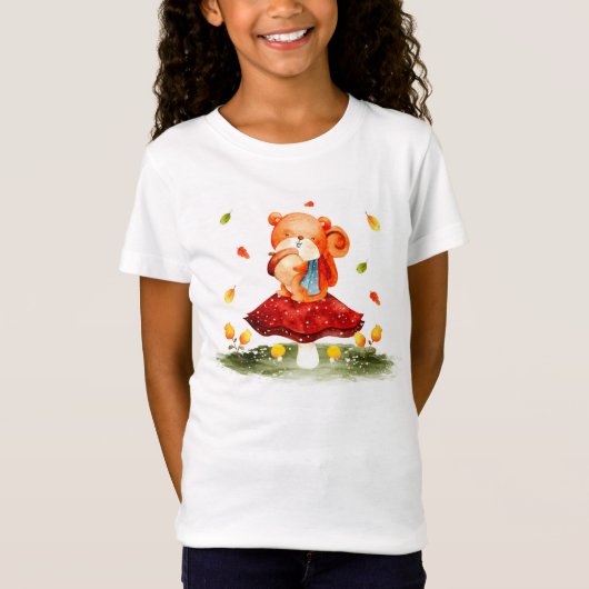 可愛い秋のリスとキノコ Tシャツ (正面)