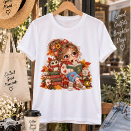 可愛い秋の少女 読書のイラスト もこもこした落ち着いた秋のイメージ プラスサイズTシャツ
