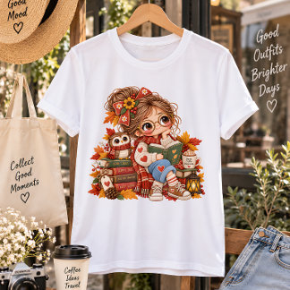 可愛い秋の少女 読書のイラスト もこもこした落ち着いた秋のイメージ プラスサイズTシャツ