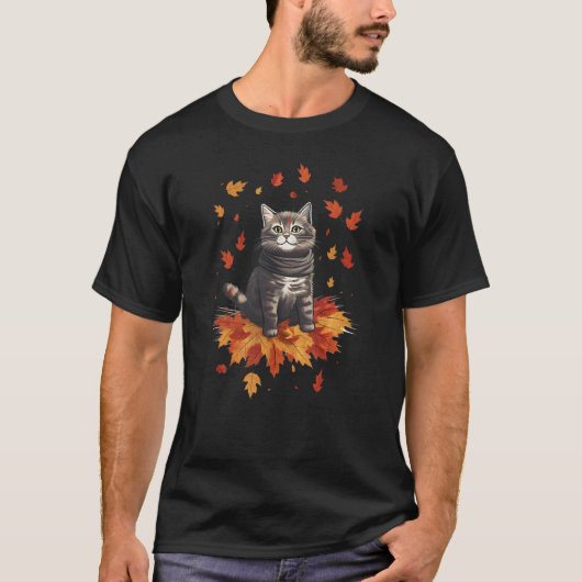 可愛い秋の猫 落ち葉の風 キティちゃん ネコ好きさんへ Tシャツ (正面)