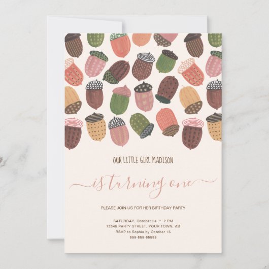 可愛い秋ピンクアクロンズガールファースト誕生日パーティー 招待状 (正面)