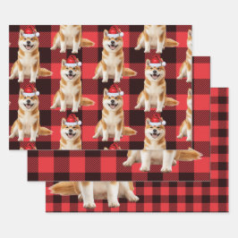 可愛い秋田犬のクリスマス バッファロー プラッド ラッピングペーパーシート