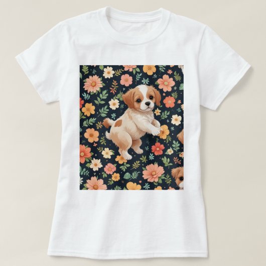 可愛い立ち上がり犬の女性Tシャツの花 Tシャツ (デザイン正面)