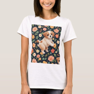 可愛い立ち上がり犬の女性Tシャツの花 Tシャツ