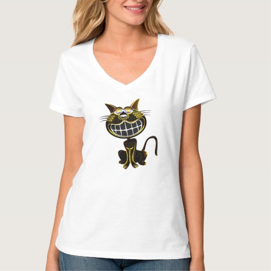 可愛い笑い黒と明るい黄色の猫 Tシャツ (正面)