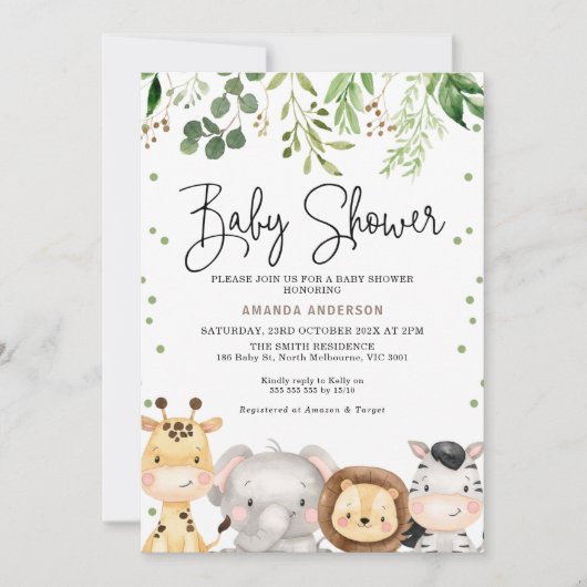 可愛い紅葉サファリ動物ベビーシャワー招待状 招待状 (正面)