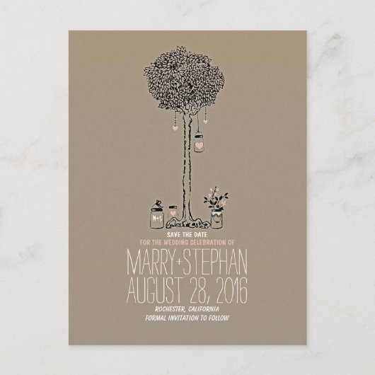 可愛い素朴な木とハートのメイソンジャースは日付を保存 案内ポストカード (正面)