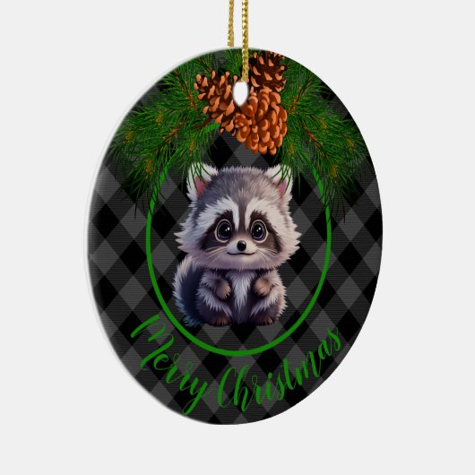 可愛い素朴アライグマ黒グレーの格子松コーン セラミックオーナメント (右)