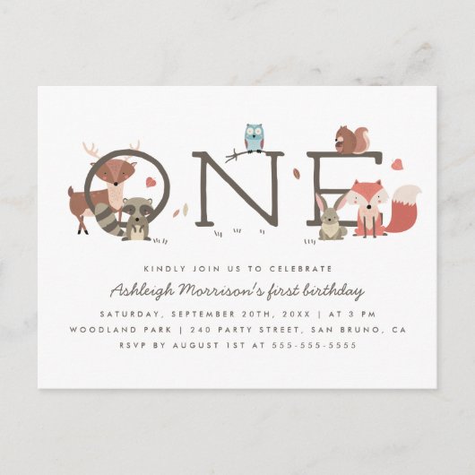 可愛い素朴ウッドランド動物先生誕生会 インビテーションポストカード (正面)