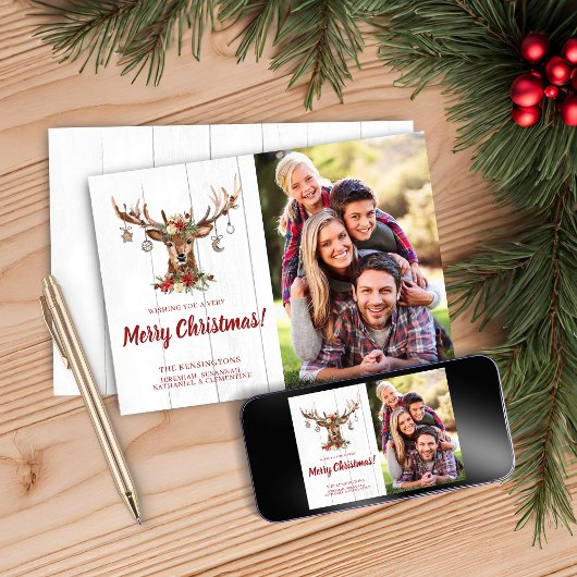 可愛い素朴クリスマス鹿オーナメントホリデー写真 シーズンカード