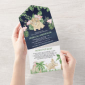 可愛い素朴フローラ恐竜ネイビーブルーベビーシャワー オールインワン招待状 (貼ってはがせる)