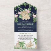 可愛い素朴フローラ恐竜ネイビーブルーベビーシャワー オールインワン招待状 (内側)