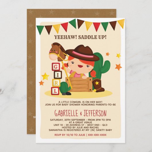 可愛い素朴リトル女性のカーボーイベビーシャワーテーマ 招待状 (正面/裏面)