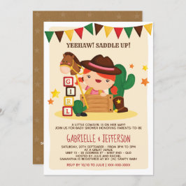 可愛い素朴リトル女性のカーボーイベビーシャワーテーマ 招待状