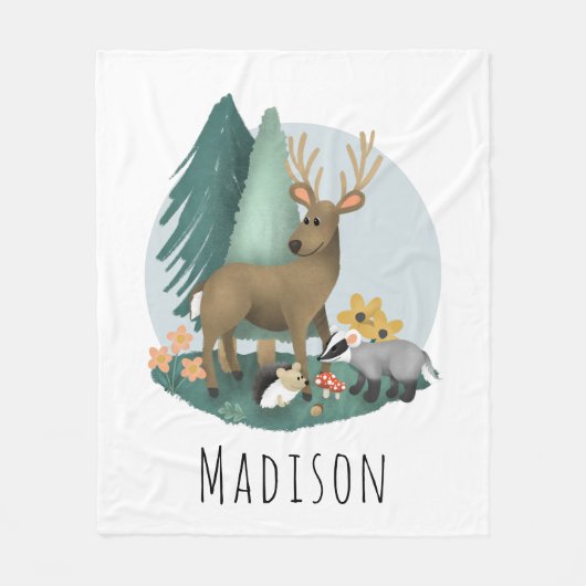 可愛い素朴森林動物の子ども フリースブランケット (正面)