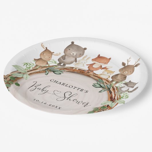 可愛い素朴森林動物の森の赤ちゃんシャワー ペーパープレート (アングル)