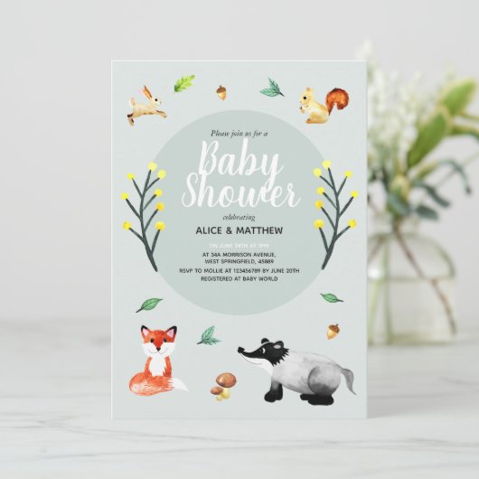 可愛い素朴森林動物の赤ちゃんシャワー 招待状 (スタンド正面)