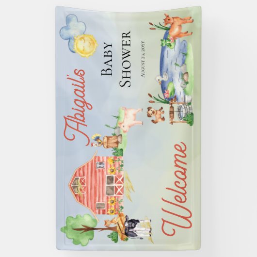 可愛い素朴農園動物納屋周囲の庭赤ちゃんシャワー 横断幕 (縦)