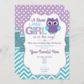 可愛い紫すごいティール(緑がかった色)フクロウ招待状ベビーシャワー 招待状 (正面/裏面)