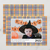 可愛い紫とオレンジの格子柄ハロウィンフォトカード 案内状 (正面/裏面)