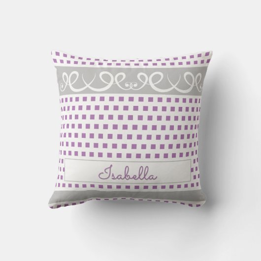 可愛い紫とグレーの水玉模様とスワールガーリーズ名 クッション (裏面)