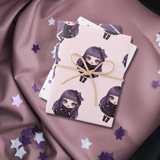 可愛い紫のドットガール ラッピングペーパーシート